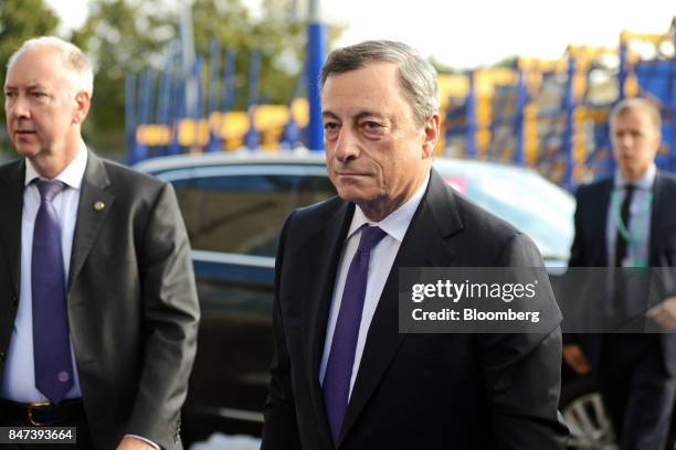 Mario Draghi, president of the European Central Bank , center, arrives for the Eurogroup meeting in Tallinn, Estonia, on Friday, Sept. 15, 2017. The...