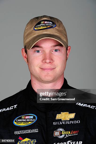 Chad McCumbee, driver of the ASI Limited Chevrolet, poses for NASCAR Camping World Series headshots at Daytona International Speedway on February 11,...