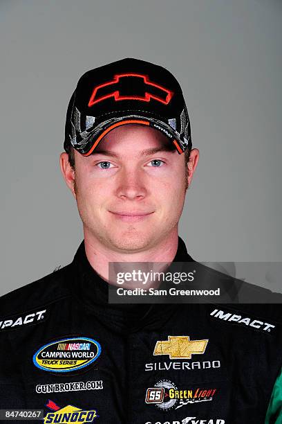 Chad McCumbee, driver of the ASI Limited Chevrolet, poses for NASCAR Camping World Series headshots at Daytona International Speedway on February 11,...