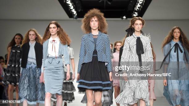 Models walk the runway at the Bora Aksu show during London Fashion Week September 2017 on September 15, 2017 in London, England.