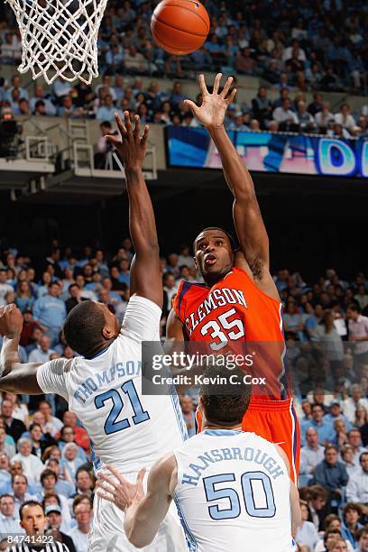 Trevor Booker of the Clemson Tigers puts a shot up against the North Carolina Tar Heels during the game on January 21, 2009 at the Dean E. Smith...