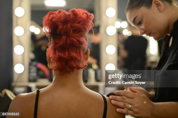 Maya Azucena backstage ahead of the Cigdem Akin show during Mercedes-Benz Istanbul Fashion Week September 2017 at Zorlu Center on September 15, 2017...