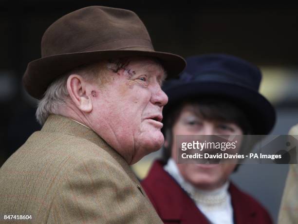 Trainer of Somersby, Henrietta Knight with husband Terry Biddlecombe on St Patrick's Thursday, during the Cheltenham Festival.