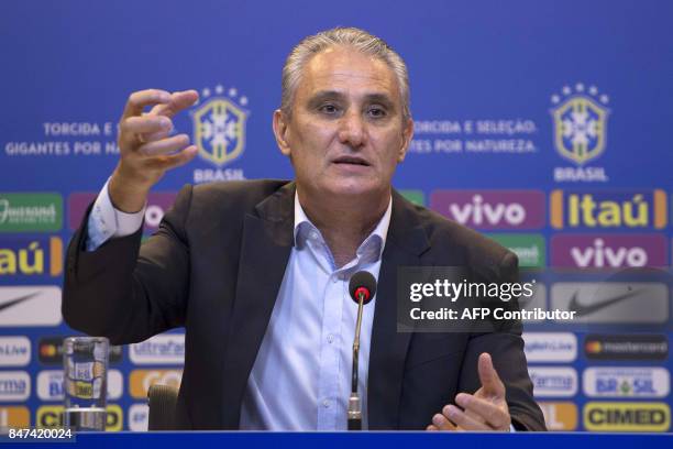 Brazil's team coach Tite gives a press conference to announce the list of players for their upcoming Russia World Cup 2018 qualifier matches against...