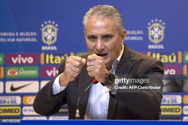 Brazil's team coach Tite gives a press conference to announce the list of players for their upcoming Russia World Cup 2018 qualifier matches against...