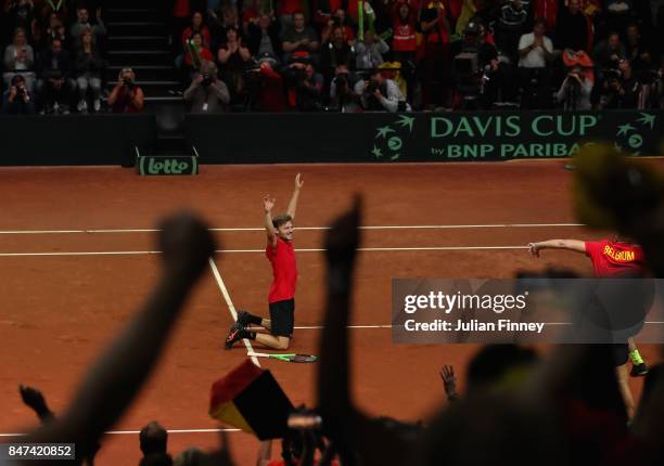 David Goffin of Belgium celebrates defeating John Millman of Australia in four sets during day one of the Davis Cup World Group semi final match...