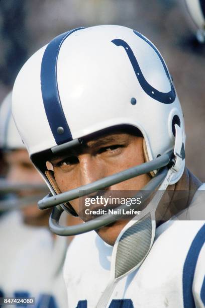 Closeup of Baltimore Colts QB Johnny Unitas during game vs Washington Redskins at Memorial Stadium. Baltimore, MD CREDIT: Neil Leifer