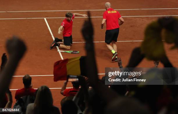 David Goffin of Belgium celebrates defeating John Millman of Australia in four sets during day one of the Davis Cup World Group semi final match...