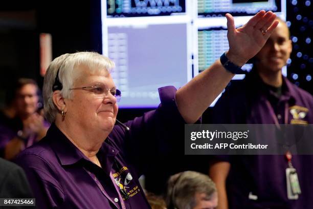 Cassini Spacecraft Operations Team Manager Julie Webster reacts in mission control at NASA's Jet Propulsion Laboratory September 15 after...