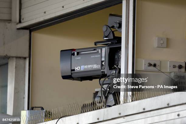 General view of an HD television camera capturing the action at Kempton Park