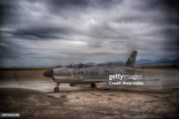 f-86 sabre jet at wendover air base, utah - wendover stock pictures, royalty-free photos & images