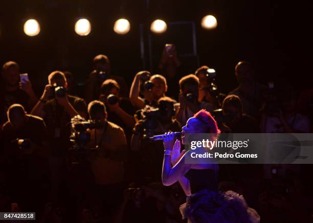 Maya Azucena performs on the runway at the Cigdem Akin show during Mercedes-Benz Istanbul Fashion Week September 2017 at Zorlu Center on September...