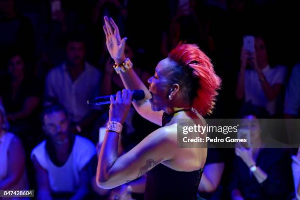 Maya Azucena performs on the runway at the Cigdem Akin show during Mercedes-Benz Istanbul Fashion Week September 2017 at Zorlu Center on September...