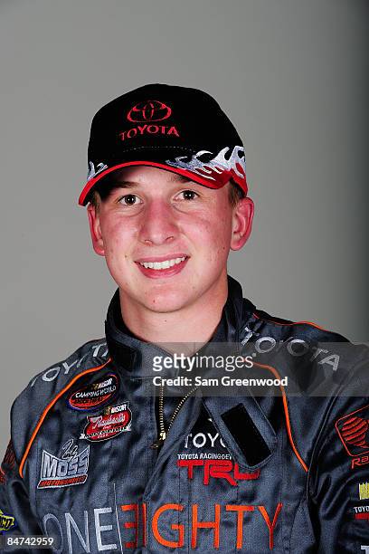 Tayler Malsam, driver of the One Eighty Toyota, poses for NASCAR Camping World Series headshots at Daytona International Speedway on February 11,...