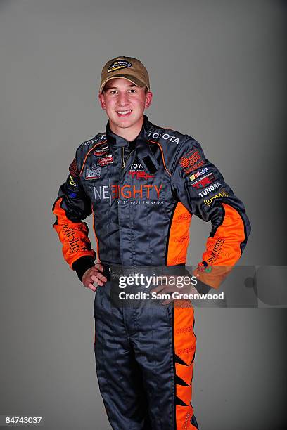 Tayler Malsam, driver of the One Eighty Toyota, poses for NASCAR Camping World Series headshots at Daytona International Speedway on February 11,...