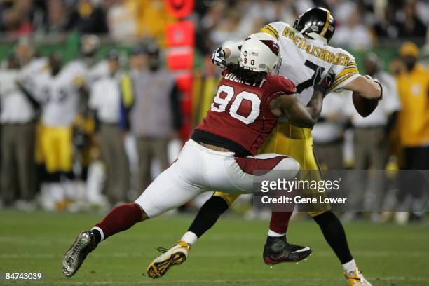 Arizona Cardinals defensive lineman Darnell Dockett gets one of his three sacks during a game against the Pittsburgh Steelers during Super Bowl XLIII...