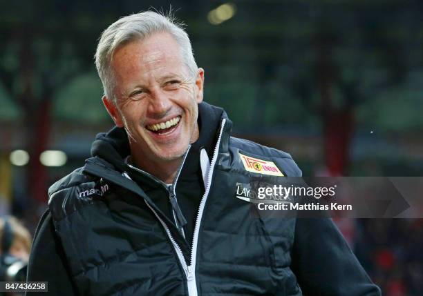 Head coach Jens Keller of Berlin looks on prior to the Second Bundesliga match between 1. FC Union Berlin and Eintracht Braunschweig at Stadion An...