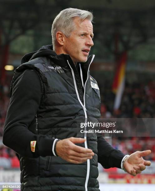 Head coach Jens Keller of Berlin looks on prior to the Second Bundesliga match between 1. FC Union Berlin and Eintracht Braunschweig at Stadion An...