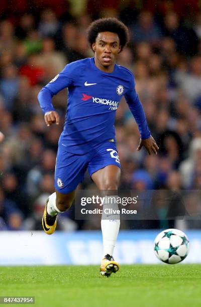 Willian of Chelsea in action during the UEFA Champions League Group C match between Chelsea FC and Qarabag FK at Stamford Bridge on September 12,...