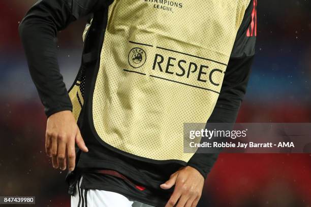 Champions League Respect bib during the UEFA Champions League match between Manchester United and FC Basel at Old Trafford on September 12, 2017 in...