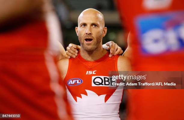 Jarrad McVeigh of the Swans addresses his teammates before his 300th game during the 2017 AFL Second Semi Final match between the Geelong Cats and...