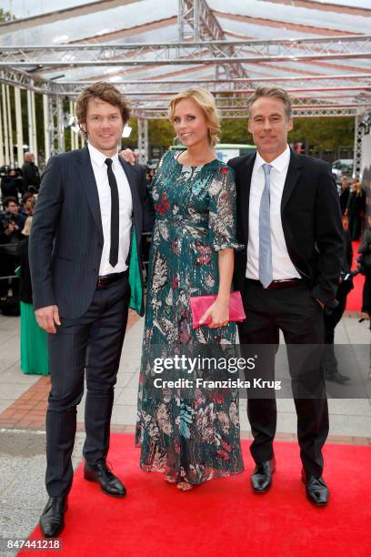 Steffen Schroeder, Melanie Marschke and Marco Girnth attend the UFA 100th anniversary celebration at Palais am Funkturm on September 15, 2017 in...