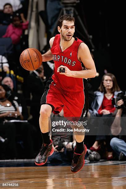 Jose Calderon of the Toronto Raptors drives the ball up court during the game against the Memphis Grizzlies on February 7, 2009 at FedExForum in...