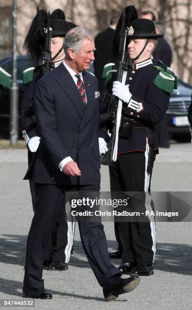 The Prince of Wales during a wreath laying ceremony at the National Monument, Akershus Fortress, in Norway during the royal tour of Scandinavia as...