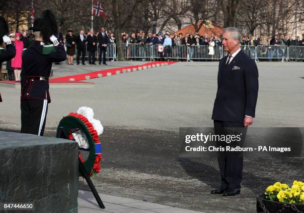 The Prince of Wales, during a wreath laying ceremony at the National Monument, Akershus Fortress, in Norway during the royal tour of Scandinavia as...