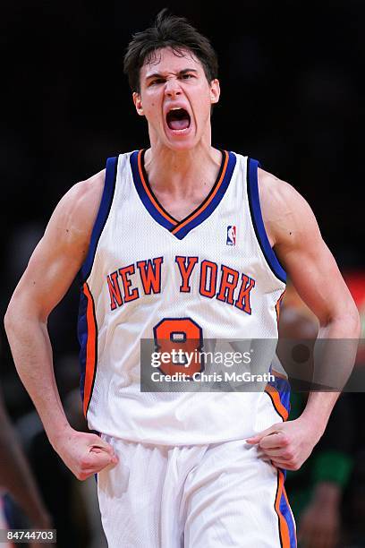 Danilo Gallinari of the New York Knicks reacts against the Boston Celtics at Madison Square Garden on February 6, 2009 in New York City. NOTE TO...