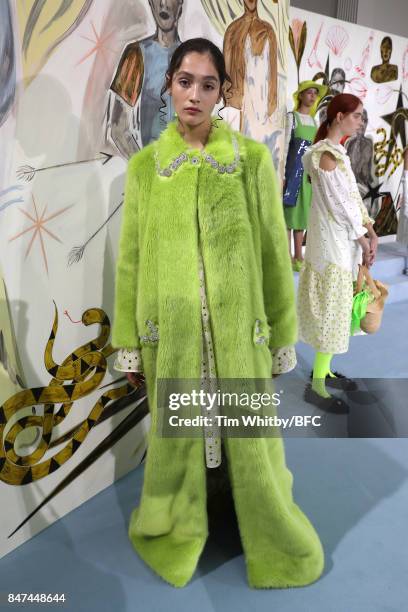 Model showcases designs at the Shrimps presentation during London Fashion Week September 2017 on September 15, 2017 in London, England.