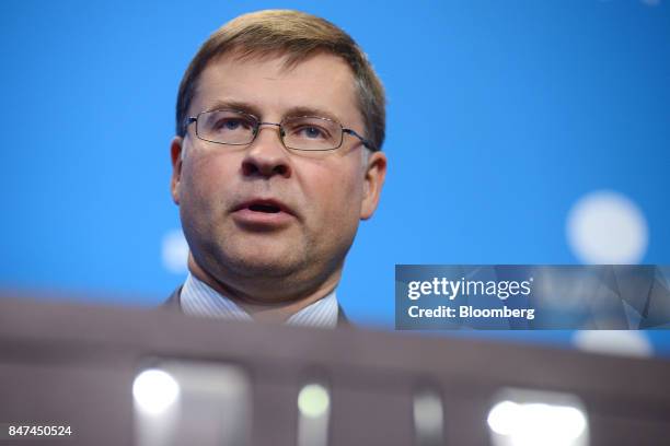 Valdis Dombrovskis, vice president of the European Commission, speaks during a press conference at the Eurogroup meeting in Tallinn, Estonia, on...