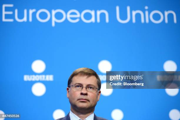 Valdis Dombrovskis, vice president of the European Commission, listens during a press conference at the Eurogroup meeting in Tallinn, Estonia, on...