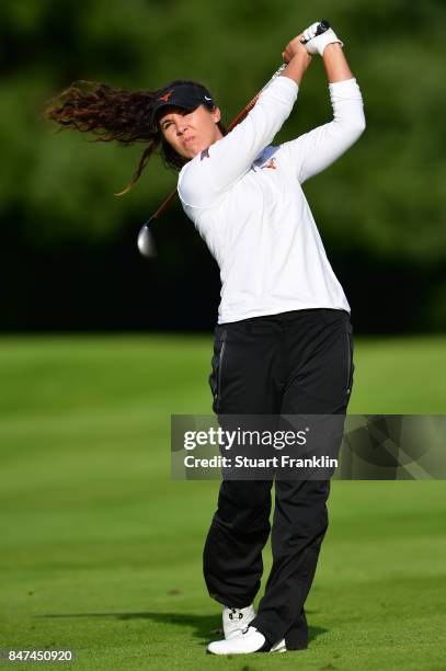 Sophie Schubert of USA plays a shot during the weather delayed first round of The Evina Championship at Evian Resort Golf Club on September 15, 2017...