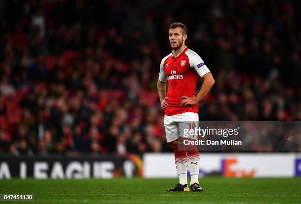 Jack Wilshere of Arsenal looks on during the UEFA Europa League group H match between Arsenal FC and 1. FC Koeln at Emirates Stadium on September 14,...