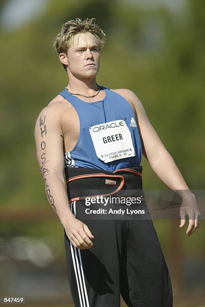 Breaux Greer looks on during the men's javelin finals during the 2002 USA Outdoor Track & Field Championships on June 22, 2002 at Stanford University...