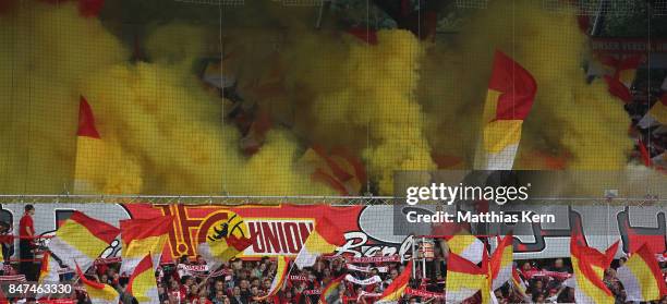 Supporters of Berlin celebrate their team during the Second Bundesliga match between 1. FC Union Berlin and Eintracht Braunschweig at Stadion An der...