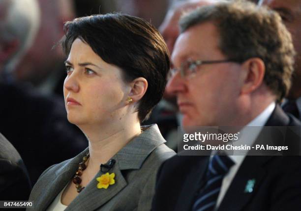 Scottish Conservative leader Ruth Davidson looks on as Prime Minister David Cameron talks to the Scottish Conservative Party conference in Troon,...