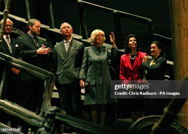 Prince Charles and the Duchess of Cornwall accompanied by King Gustav of Sweden and Queen Silvia of Sweden during a visit to the warrior ship Vasa,...