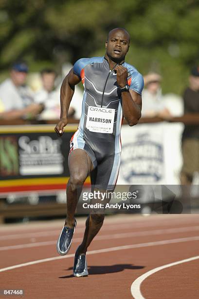 Alvin Harrison competes in the men's 400 meter dash semifinals during the 2002 USA Outdoor Track & Field Championships on June 22, 2002 at Stanford...