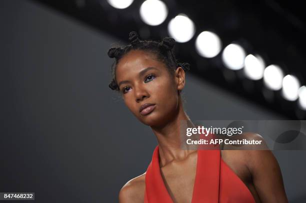 Model presents a creation by Polish born designer Marta Jakubowski during a catwalk show for her Spring/Summer 2018 collection on the first day of...