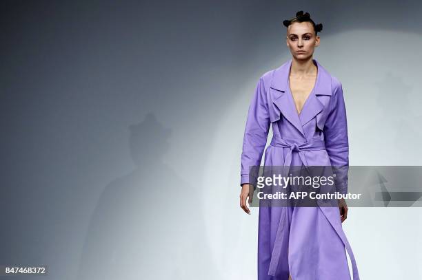 Model presents a creation by Polish born designer Marta Jakubowski during a catwalk show for her Spring/Summer 2018 collection on the first day of...