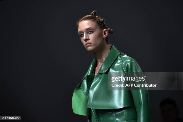 Model presents a creation by Polish born designer Marta Jakubowski during a catwalk show for her Spring/Summer 2018 collection on the first day of...