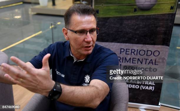 S referee instructor and Conmebol's director of referees, Brazilian Wilson Luiz Seneme, speaks during an interview with AFP before the beginning of a...
