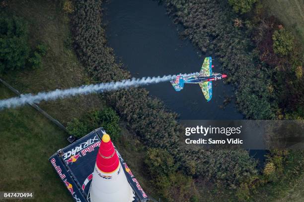Petr Kopfstein of the Czech Republic performs during practice day at the seventh round of the Red Bull Air Race World Championship on September 15,...