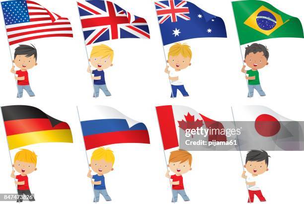 stockillustraties, clipart, cartoons en iconen met vlaggen van de wereld en kinderen - zwaaien