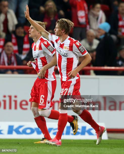 Simon Hedlund of Berlin jubilates after scoring the first goal during the Second Bundesliga match between 1. FC Union Berlin and Eintracht...