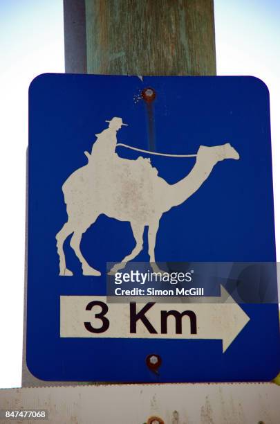 road sign directing drivers to camel riding area in port macquarie, new south wales, australia - animal crossing sign stockfoto's en -beelden