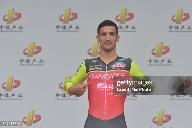 Liam Bertazzo from Wilier Triestina-Selle Italia team during the Awards Ceremony after the fourth stage of the 2017 Tour of China 1, the 3.3 km...