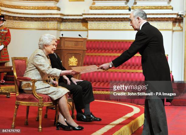 Queen Elizabeth II accompanied by the Duke of Edinburgh receives a copy of the loyal address from the Lieutenancy of the City of London Chairman Maj...